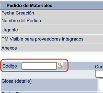 Código Pedido de Materiales