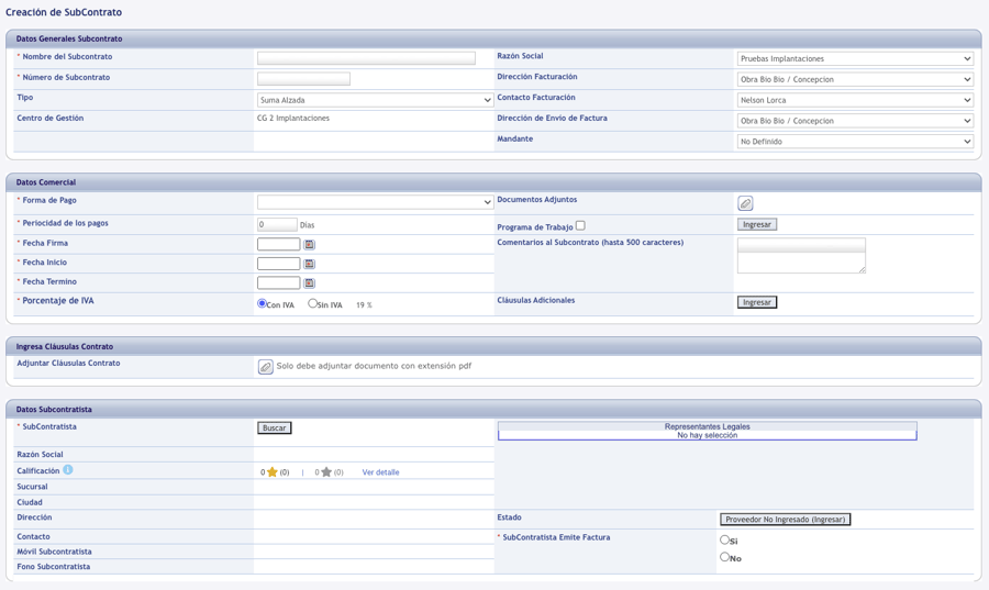 Creación de Subcontratos
